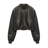 Gwmlk Temperament Leisure Spring New Style Retro Standing Collar Locomotive PU Imitation Leather Pilot Jacket Jacket