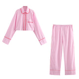 Gwmlk New Rolled-Edged Poplin Shirt Rolling-Edged Pajamas Style Pants Set