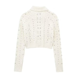 Gwmlk Spring Style Beaded Diamond Lapel Knitted Sweater Short Coat 4331141