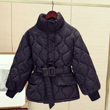 Chic Autumn And Winter French Gentle Standing Collar Wave Embossed Design With Waist Long Sleeve Padded Coat Female