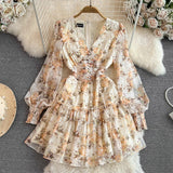 Gwmlk Court Style Lantern Sleeve V Collar Waist Shows Thin Medium And Long A Word Lotus Leaf Edge Printed Chiffon Dress