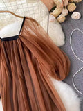 Gwmlk Lantern Sleeve Style Square Collar Net Dress Femininity Tea Break Skirt Warm And Long Fairy Skirt