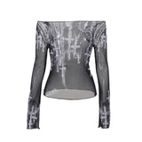 Gwmlk Summer 2024 New Punk Spice Girl Shoulder Printing Net Yarn Long-Sleeved Bottom Shirt Sunscreen Shirt Girl