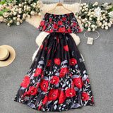 Gwmlk Series Holiday Dress Women's 2024 New Design Feeling Printed Lotus Leaf Edge One Word Shoulder-Length Chiffon Skirt