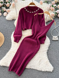 Gwmlk Winter Women Knitted Sets Fashion Breading Long Sleeve Pearl Sweater+Knitted Camis Dress Sets Fashion Sweater Suits