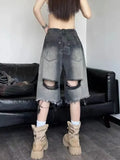 Gwmlk Gradient Hole Denim Shorts American Street High Waist Black Jeans Women Y2k E-Girl Loose Knee-Length Wide Leg