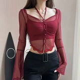 Gwmlk Lace Blouses Women Y2k Cropped See-through Cardigan Vintage Grunge Mesh Tops Long Sleeve Fairycore Slim Shirts Tshirt