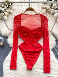 Gwmlk 2024 New Spring Diamonds Bodysuits American Long Sleeve Slim Skinny Playsuits Female Sexy Perspective Mesh Rompers