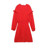 Gwmlk Ruffled Red Dress For Women 2024 Lace Up V Neck Long Sleeve Robe Vintage Elastic Waist Party Mini Dresses