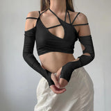 Gwmlk New Cyber Y2k Techwear Punk Women Halter Tops Gothic Egirl Patchwork Long Sleeve Crop Top Sexy Cut Out Casual T-shirts