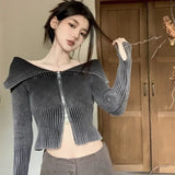 Gwmlk Sexy Off Shoulder Sweaters Women Autumn Slim Fit Double Zipper Knitted Cardigan Y2k E-Girl Long Sleeve Tops Mujer