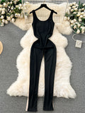 Gwmlk Strap Elastic Wiast Slim Long Rompers Summer Solid Sheath Sporty Style Patchwork Mesh Sheer Sexy Jumpsuits