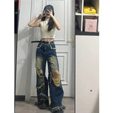 Gwmlk retro women tassel ripped jeans high waist star patch trendy brand fashion loose wide leg floor mopping pants