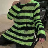 Gwmlk Gothic Long Unisex Sweater Summer Women Striped Cool Hollow Out Hole Broken Jumper Loose Rock Thin Dark Streetwear Top