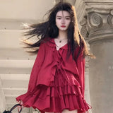 Gwmlk V-neck Ruffles Long Sleeve Tops Women+ Y2k E-Girl High Waist Ruched A-line Skirts Spring New Red Two Piece Sets