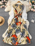 Gwmlk Ethnic Style Print Dress Women Spring New Fashion Puff Sleeve Lace-up Design Sheath 2024 Retro A-Line Long Dress