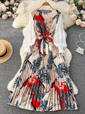 Gwmlk Ethnic Style Print Dress Women Spring New Fashion Puff Sleeve Lace-up Design Sheath 2024 Retro A-Line Long Dress