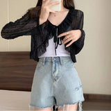 Gwmlk Women Summer Sun Protection Coat Lace Bow Ruffle Cardigan Shirt Female Blouse Tops for Woman Covers Blusa White Y2K Korean Shirt