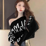 Gwmlk Lazy Letter Print Sweaters Mujer Autumn Slash Neck Knitted Tops Women Y2k E-Girl Long Sleeve Bottoming Pullovers