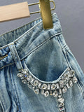 Gwmlk Women's Jeans Diamond Spliced High Waist Long Loose Straight Wide Leg Burrs Denim Pants 2024 Summer New Fashion 29L2711