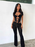 Gwmlk Piece Pant Sets Lace Hollow See Through Sheer Mesh Black Sexy Club Outfits for Women Skinny Sexy Club Dress