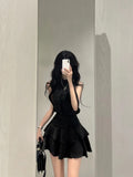 Gwmlk Off Shoulder Sleeveless Halter Black Tops Women+ Y2k E-Girl High Waist Ruched Skirts 2024 Summer New Two Piece Sets