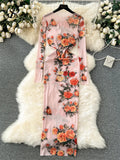 Gwmlk Autumn Sexy Long Dress Fashion O Neck Long Sleeves Slim Korean Mesh Sheer Floral Print Maxi Dress