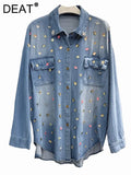 Gwmlk Women's Denim Shirt Loose Full Diamonds Beading Long Sleeve Single Breasted Blue Blouse 2024 Summer New Fashion 29L1870