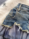 Gwmlk Fashion Sexy Mini Skirt Women Chiffon Ruffled Edge Patchwork Denim Skirts American Vintage A Line Hotsweet Skirt