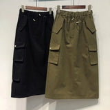 Gwmlk Full Length Skirt Black Elastic Waist Y2k Skirts Cargo Skirts for Women Spring Summer Drawstring Girls Long Skirt