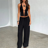 Gwmlk Women 2 Piece Outfits Tie Backless Crop Halter Top and Wide Leg Pants Suit Sexy Sleeveless Loose Pants Set Fashion New