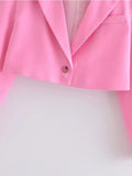 Gwmlk 2024 Women Single Button Pink Crop Blazer Vintage Long Sleeve Lapel Collar Elegant Ladies Office Suit Coat