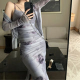 Gwmlk Rose Tie Dyed Slim Fit Strap Dresses+ Y2k E-Girl Long Sleeve Sun Protection Tops Women 2024 Summer Two Piece Sets