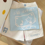 Gwmlk Kawaii Cat Print O-neck BaBy Blue T-shirts Summer Loose Oversize Cotton Tops Women Y2k Grunge Shoirt Sleeve Tee Shirt