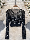 Gwmlk Pearls Beadings Women Blouse O Neck Long Sleeves Mesh Sheer High Quality Korean Style Fashion Hotsweet Streetwear Tops