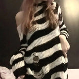 Gwmlk Punk Gothic Sweater Oversized Pullovers Women Striped Cool Hollow Out Hole Broken Jumper Harajuku Aesthetics Sweater