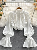 Gwmlk High Quality Satin Loose Shirt Long Flared Sleeves Ruffles O Neck Beading Women Gentle Office Lady Casual Blouse