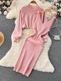 Gwmlk Winter Women Knitted Sets Fashion Breading Long Sleeve Pearl Sweater+Knitted Camis Dress Sets Fashion Sweater Suits