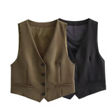 Gwmlk High Street Women V Neck Fitted Cropped Sleeveless Vest Elegant Office Waistcoat