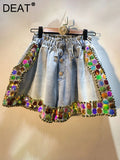 Gwmlk Women's Denim Shorts Loose Elastic Waist Rivet Colorful Big Sequins Wide Leg Short Jeans 2024 Summer New Fashion 29L1084