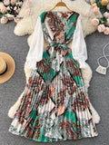 Gwmlk Ethnic Style Print Dress Women Spring New Fashion Puff Sleeve Lace-up Design Sheath 2024 Retro A-Line Long Dress