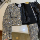 Gwmlk Heavy Sequins Starlight Silver Jackets Spring Long Sleeve Coat Women Y2k Grunge O-neck Single Breasted Tops Mujer