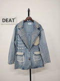 Gwmlk Women Denim Blazers Patchwork Notched Collar Pearls Diamond Embroidered Flares Suit Jackets 2024 Summer New Fashion 29L6434