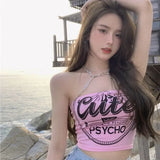 Gwmlk Pink Letter Print Camisole Vest for Women Summer Sexy Off Shoulder Tank Top Y2k E-Girl Bottoming Strapless Tops Female