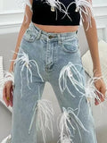 Gwmlk Women's Jeans High Waist Square Diamonds White Feathers Straight Wide Leg Denim Trousers 2024 Summer New Fashion 29L2977