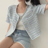 Gwmlk Chic O-neck Double Pockets Coat Women Summer Pearl Button Breasted Jackets Loose Short Sleeve Tweed Jacket