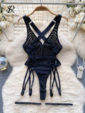 Gwmlk French Style Striped Erotic Playsuits Women Strap Hollow Out Backless Slim Underwear Black Lingerie Sexy Bodysuits