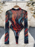 Gwmlk American Retro Hotsweet Print Bodysuit Long Sleeved Transparent Bodycon Tops Streetwear Slim Mesh Playsuits Rompers