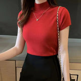 Gwmlk Summer Half Turtleneck Slim Knitted T-shirt Women Elegant Solid Short Sleeve Casual Versatile Pullover Casual Skinny Tops