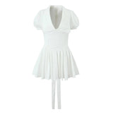 Gwmlk Summer Women Vintage Puff Sleeve Lapel Collar White Mini Dress Tie Bow Sashes Pleated Hem Female Cotton Robe